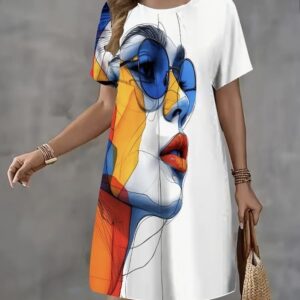 White & colour film print -Pop Art face image short dress