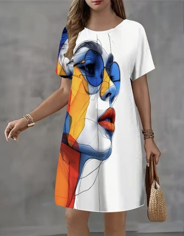 White & colour film print -Pop Art face image short dress