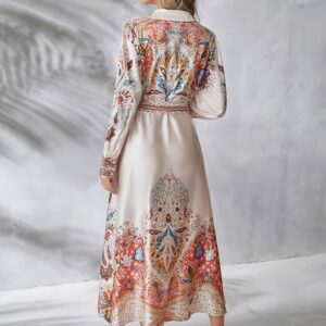 Satin- printed Boho shek A line dress with printed ribbon