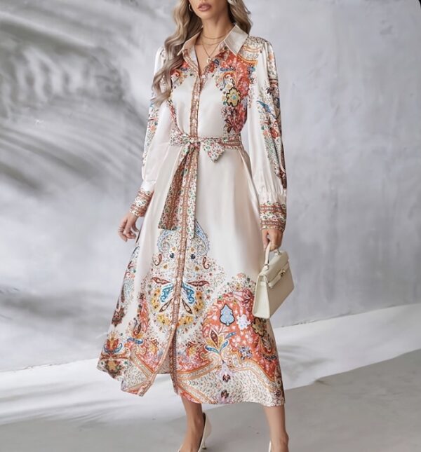 Satin- printed Boho shek A line dress with printed ribbon - Image 2